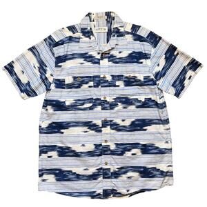 Orvis Ikat Chevron Blue White Cotton Short Sleeve Button Down Shirt Mens Large